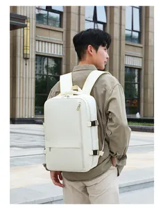 Detail view of large capacity cream travel backpack with adjustable side buckle straps