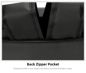Macro detail of the back zipper pocket and hidden shoulder strap compartment on black bag