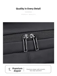 Detail of high-density nylon fabric and smooth two-way metal zippers on black backpack