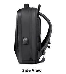 Side view of hard shell gaming backpack with built-in USB and headphone charging ports