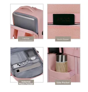 Pink travel backpack showing padded laptop sleeve, anti-theft pocket and interior organizers