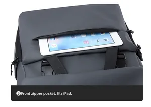 Detailed front zipper pocket of gray backpack showing spacious storage for an iPad device