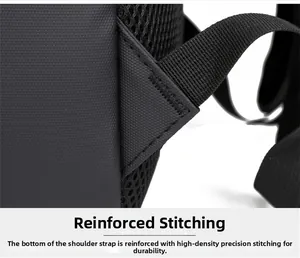 Detail of high-density stitching and reinforced triangle support on a business backpack