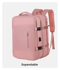 Sac à dos rose de voyage avec port USB et fermetures extensibles vue latérale détaillée