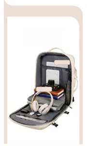 Macro view of beige laptop backpack with 180-degree opening for internal storage