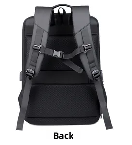 Detail of ergonomic breathable shoulder straps and luggage strap on black laptop backpack