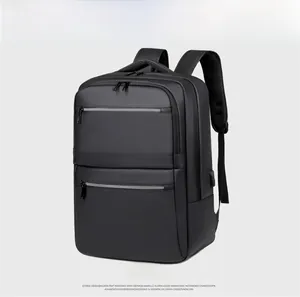 Detailed side view of black waterproof business backpack with external USB charging port