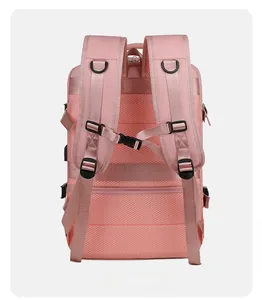 Vue arrière du sac à dos rose avec mesh respirant, sangle de bagage et poche antivol