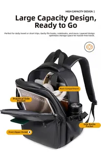 Detailed view of the large capacity compartments and internal storage of the black backpack