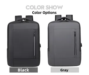 Waterproof laptop backpack in black and grey colors with external USB charging port