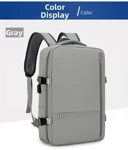 Detail of grey travel backpack featuring padded shoulder straps and side adjustable buckles