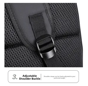 Detail of breathable mesh back pad and adjustable plastic shoulder strap buckle on black backpack
