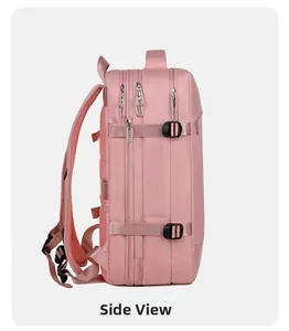 Vue latérale du sac à dos de voyage rose montrant compartiments et dos rembourré