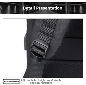 Detail of adjustable buckle on black hardshell gaming laptop backpack with nylon straps