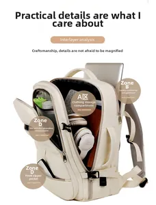 Detail view of cream backpack featuring laptop compartment and multi-pocket storage