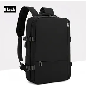 Detail of travel backpack showing side compression buckle and USB charging port in black