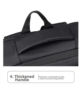 Detail of reinforced padded handle on water-resistant black business backpack