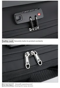 Detailed view of TSA combination lock and smooth two-way zippers on black laptop backpack