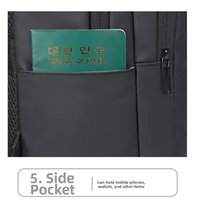 Detailed side pocket view of black waterproof business backpack with passport storage space
