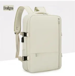 Detail of beige travel backpack with USB charging port and breathable mesh straps