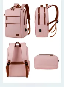Pink travel backpack showing USB port, multiple storage layers and ergonomic shoulder straps