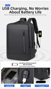 Detail of the side USB charging port on a waterproof black business laptop backpack