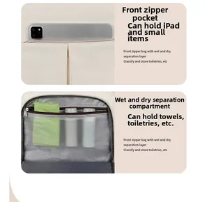 Detail of multi-functional beige backpack showing front pocket and wet-dry separation bag