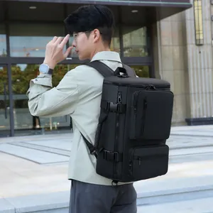 Multipurpose black travel backpack for men with shoe compartment and adjustable straps