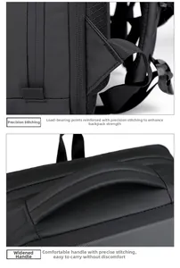 Close-up of reinforced stitching and ergonomic wide handle on a black hard shell backpack