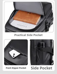 Detail view of large capacity sub-pockets and waterproof zipper compartments on black backpack