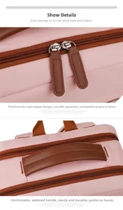 Detail of pink laptop backpack featuring dual zippers and durable brown leather handle
