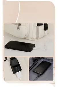 Detail view of the nylon backpack showing the external USB charging port and connection