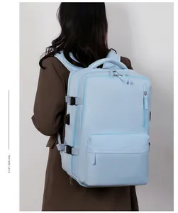 Light blue large travel backpack with multi-zipper compartments and adjustable side buckles