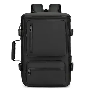 Versatile black travel backpack with multi-pocket design and side handle for two-way carry