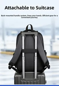 Detail showing the luggage strap system for securing the backpack to a suitcase handle