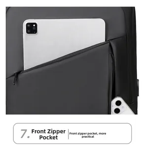 Detailed view of the front zipper pocket on a waterproof black business laptop backpack