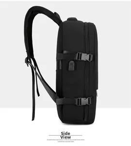 Side view of travel backpack with USB charging port and breathable sponge back straps