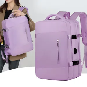 Grand sac à dos de voyage violet avec bretelles respirantes et rangement multicouche