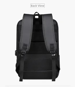 Detail view of the breathable mesh back panel and USB port on the black business backpack