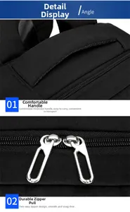 Close-up of thickened top handle and dual zipper system on black travel backpack