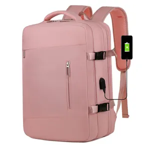 Sac à dos voyage rose imperméable avec port de charge USB et grande capacité femme