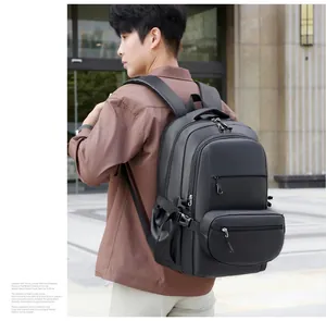 Detail of black ergonomic business backpack with side buckles and wide padded straps