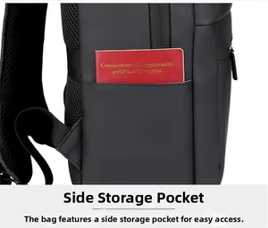 Detail view of a side storage pocket on a black backpack holding a passport