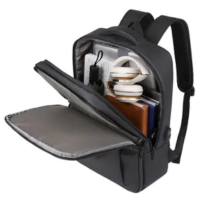 Large capacity black business laptop backpack with USB charging and interior compartments