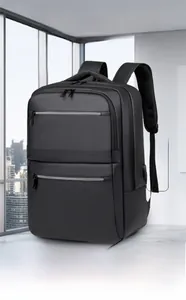 Detail of waterproof business backpack with dual front zippers and external USB charging port