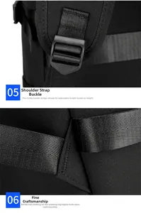 Detail of adjustable nylon shoulder straps with reinforced stitching on black backpack