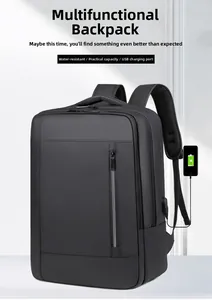 Detail of waterproof black business backpack featuring an external USB charging port