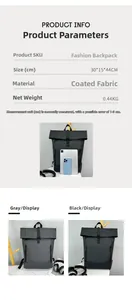 Detailed spec sheet of waterproof roll-top backpack showing gray and black materials