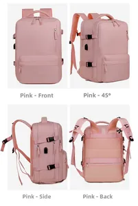 Front, side, and back views of a large pink travel backpack with breathable mesh design
