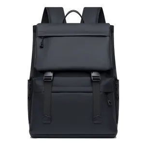 Large black travel backpack with waterproof nylon and flap buckle design for laptop